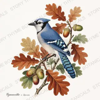 Cyanocitta Quercus — vintage botanical Songbirds & Branches print on a white background