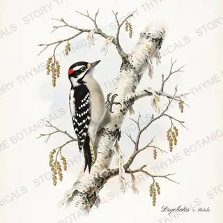 Dryobates Betula — vintage botanical Songbirds & Branches print on a white background