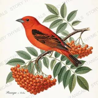 Piranga Sorbus — vintage botanical Songbirds & Branches print on a white background