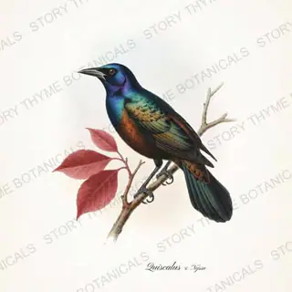 Grackle Tupelo — vintage botanical Songbirds & Branches Vol. 2 print on a white background