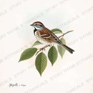Sparrow Hophornbeam — vintage botanical Songbirds & Branches Vol. 2 print on a white background
