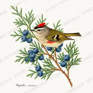 Kinglet Cedar — vintage botanical Songbirds & Branches Vol. 3 print on a white background