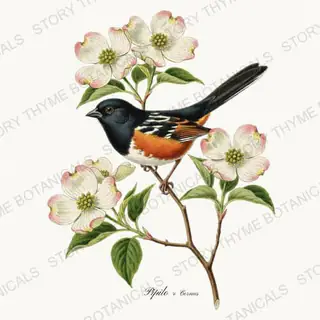 Towhee Dogwood — vintage botanical Songbirds & Branches Vol. 3 print on a white background
