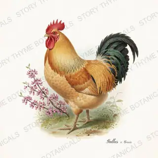 Rooster Redbud — vintage botanical Spring Blossom Roosters print on a white background