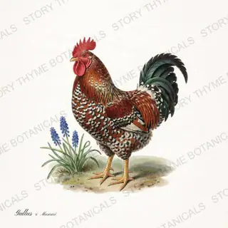 Rooster Muscari — vintage botanical Spring Blossom Roosters print on a white background