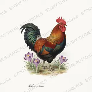 Rooster Crocus — vintage botanical Spring Blossom Roosters print on a white background