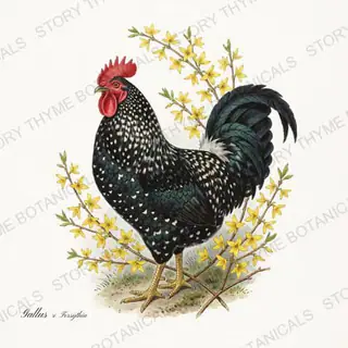 Rooster Forsythia — vintage botanical Spring Blossom Roosters print on a white background