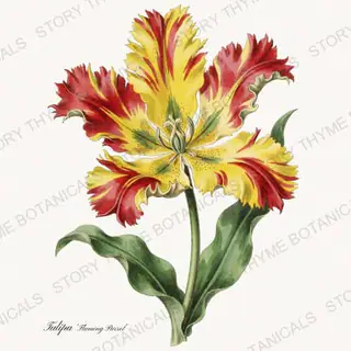 Flaming Parrot — vintage botanical Heirloom Tulips print on a white background