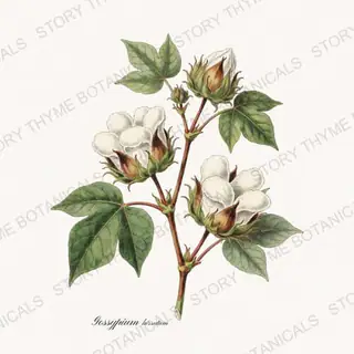 Cotton Branch — vintage botanical Wildflowers & Meadow print on a white background