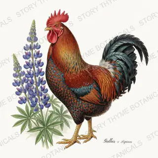 Rooster Lupine — vintage botanical Wildflower Roosters print on a white background