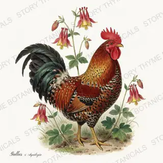 Rooster Columbine — vintage botanical Wildflower Roosters print on a white background