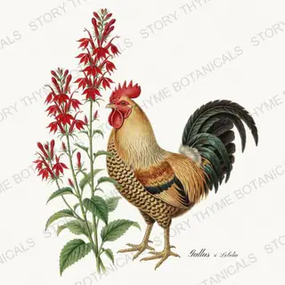Rooster Cardinal Flower — vintage botanical Wildflower Roosters print on a white background