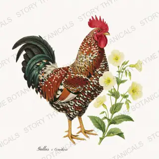 Rooster Primrose — vintage botanical Wildflower Roosters print on a white background