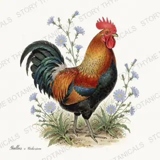 Rooster Chicory — vintage botanical Wildflower Roosters print on a white background