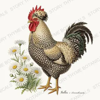 Rooster Oxeye Daisy — vintage botanical Wildflower Roosters print on a white background
