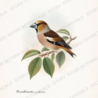 Hawfinch — vintage botanical Winter Birds print on a white background