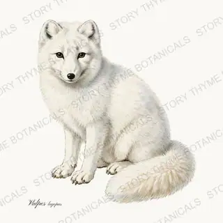 Arctic Fox — vintage botanical Winter Lodge print on a white background