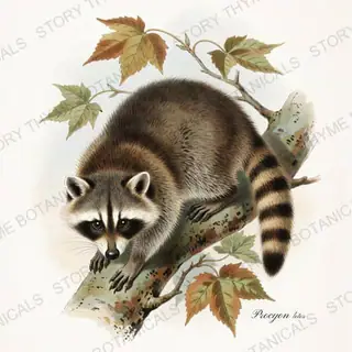 Raccoon — vintage botanical Woodland Climbers print on a white background