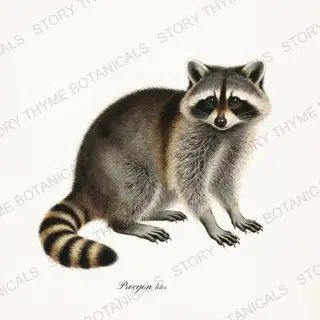 Raccoon — vintage botanical Woodland Lodge print on a white background