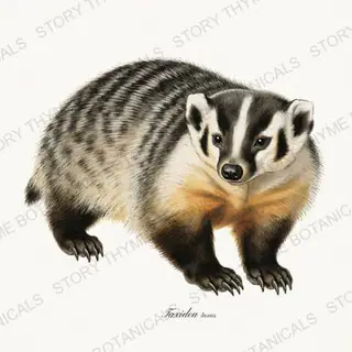 American Badger — vintage botanical Woodland Lodge print on a white background