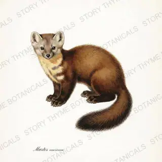 Pine Marten — vintage botanical Woodland Lodge print on a white background
