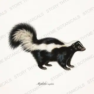 Striped Skunk — vintage botanical Woodland Lodge print on a white background