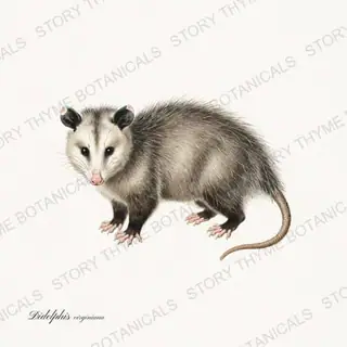 Virginia Opossum — vintage botanical Woodland Lodge print on a white background