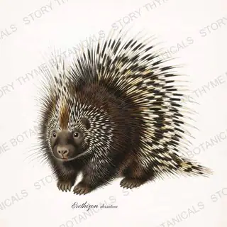 Porcupine — vintage botanical Woodland Lodge print on a white background