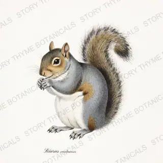 Eastern Gray Squirrel — vintage botanical Woodland Lodge print on a white background