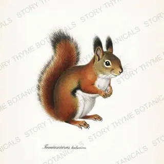 Red Squirrel — vintage botanical Woodland Lodge print on a white background